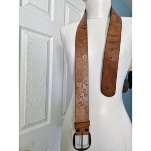Vintage Hollister Leather Floral Tooled Belt Hippy 35"-39"holes L/XL(True Sz)